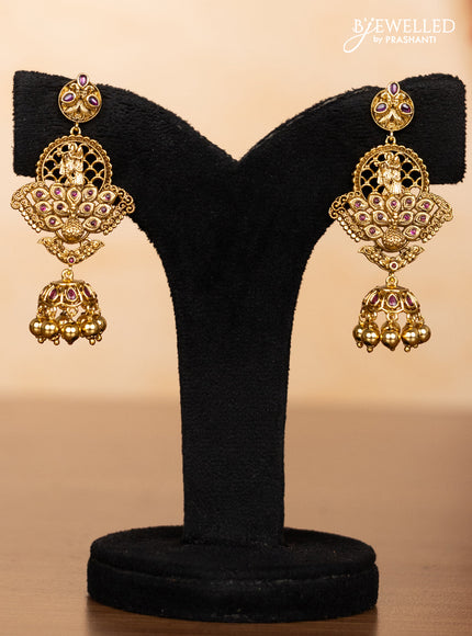 Pearl triple layer haaram radha krishna pendant with ruby stones and golden beads hangings