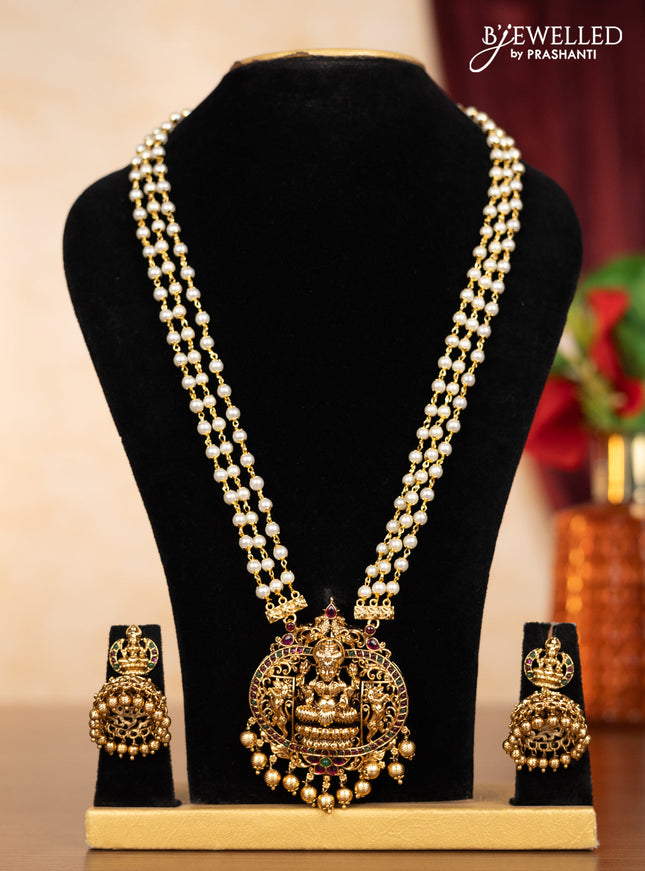 Pearl triple layer haaram lakshmi pendant with kemp stones and golden beads hangings