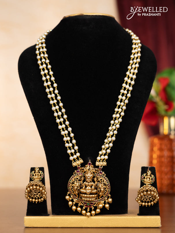 Pearl triple layer haaram lakshmi pendant with kemp stones and golden beads hangings