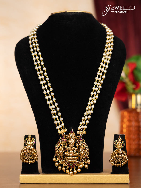 Pearl triple layer haaram lakshmi pendant with kemp stones and golden beads hangings