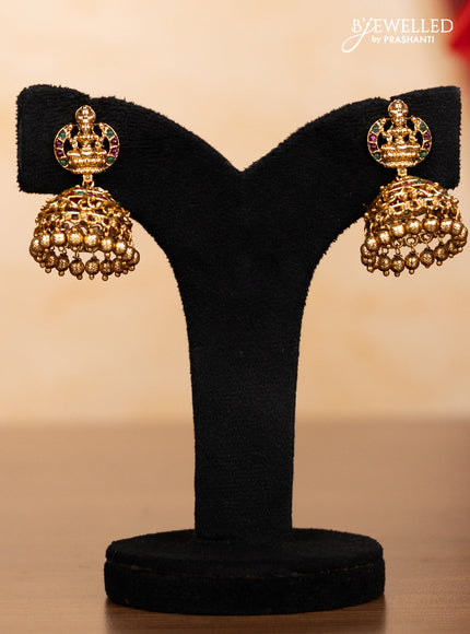 Pearl triple layer haaram lakshmi pendant with kemp stones and golden beads hangings
