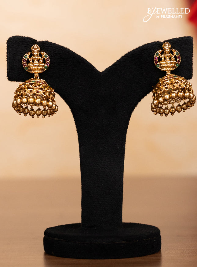 Pearl triple layer haaram lakshmi pendant with kemp stones and golden beads hangings