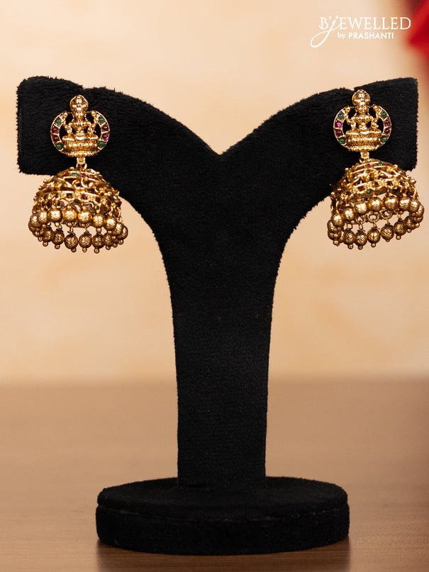 Pearl triple layer haaram lakshmi pendant with kemp stones and golden beads hangings