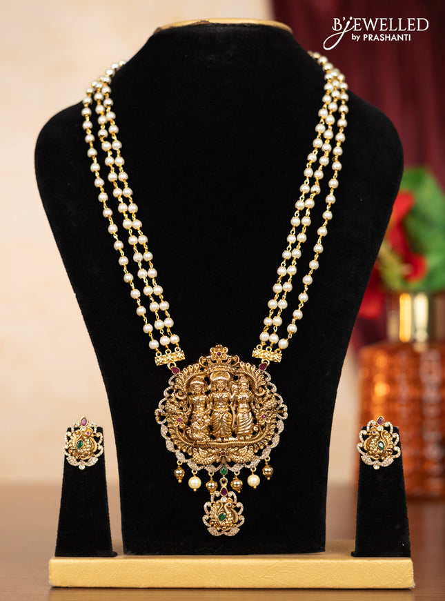 Pearl triple layer haaram ramdarbar pendant with kemp & cz stones and pearl & golden beads hangings