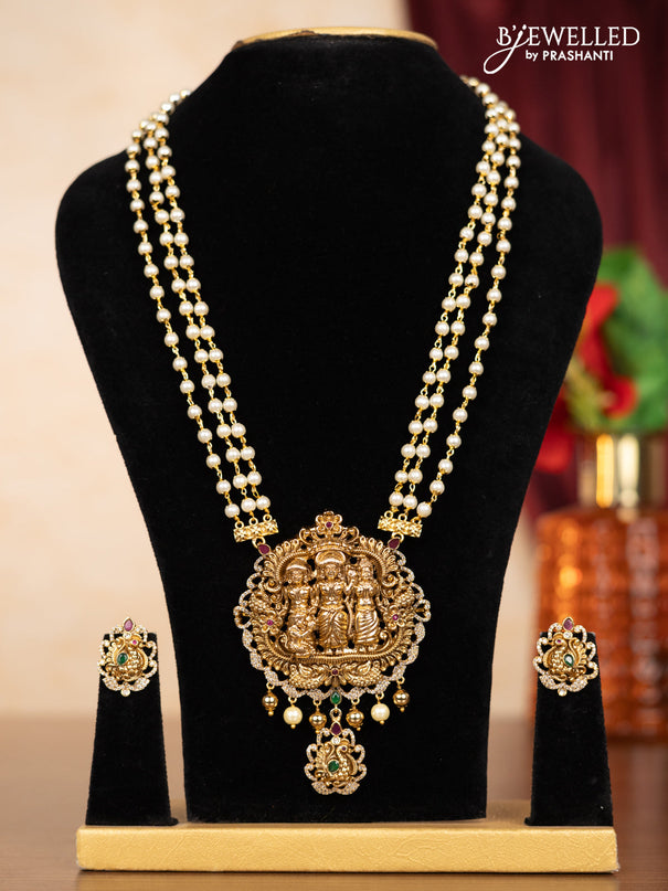 Pearl triple layer haaram ramdarbar pendant with kemp & cz stones and pearl & golden beads hangings