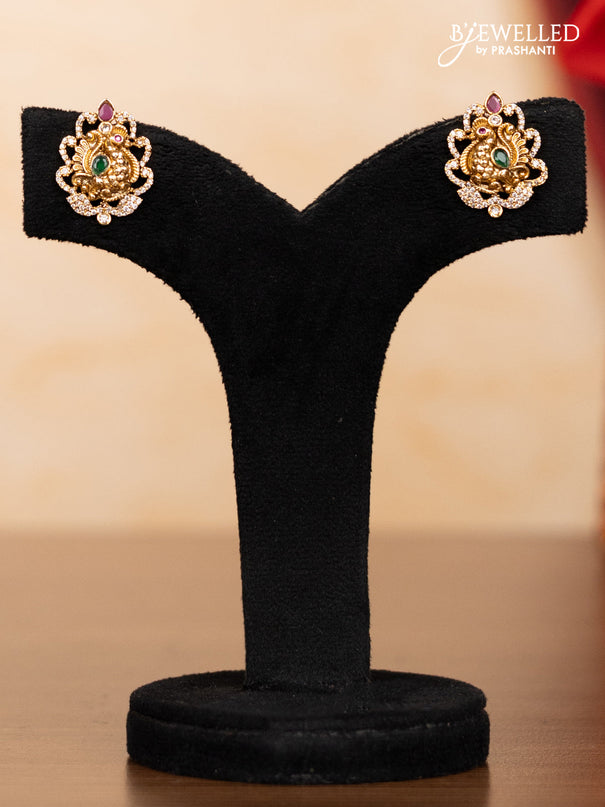 Pearl triple layer haaram ramdarbar pendant with kemp & cz stones and pearl & golden beads hangings
