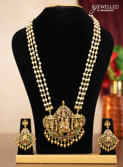 Pearl triple layer haaram shivan parvathi pendant with kemp stones and golden beads hangings