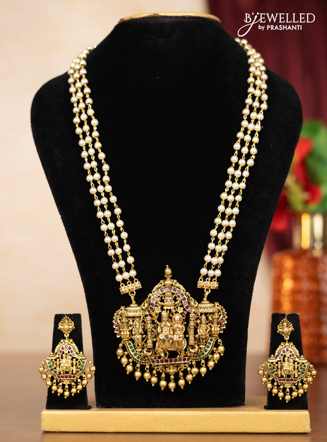Pearl triple layer haaram shivan parvathi pendant with kemp stones and golden beads hangings