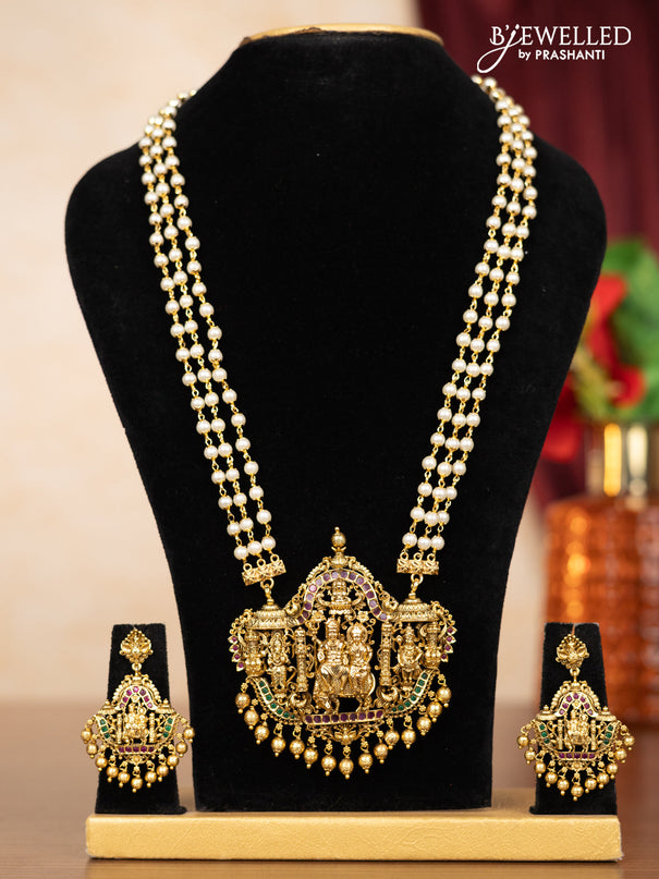 Pearl triple layer haaram shivan parvathi pendant with kemp stones and golden beads hangings
