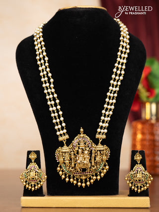 Pearl triple layer haaram shivan parvathi pendant with kemp stones and golden beads hangings