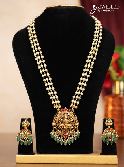 Pearl triple layer haaram lakshmi pendant with pink jadau stones and mint green beads hangings