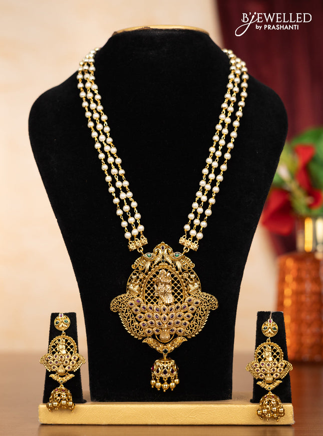 Pearl triple layer haaram radha krishna pendant with kemp stones and golden beads hangings