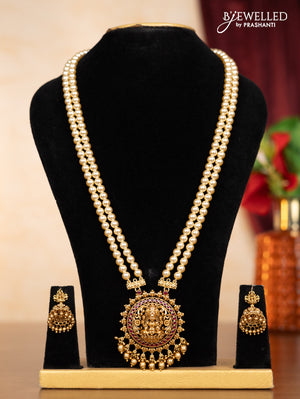 Pearl double layer haaram lakshmi pendant with ruby stones and golden beads hangings