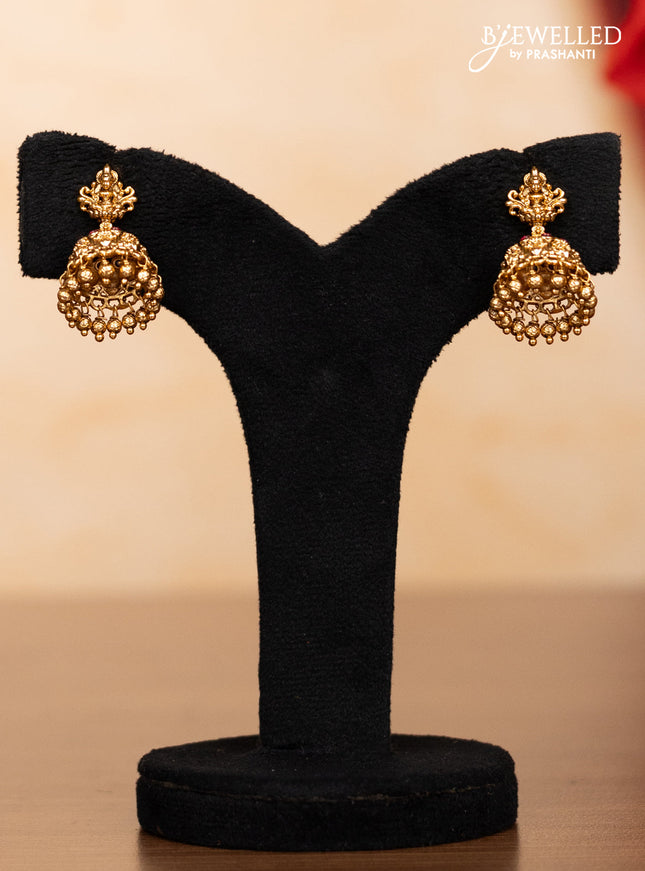 Pearl double layer haaram lakshmi pendant with ruby stones and golden beads hangings