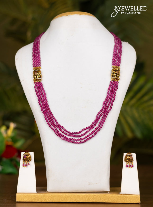 Beaded pink necklace with antique elephant pendant in kemp stones