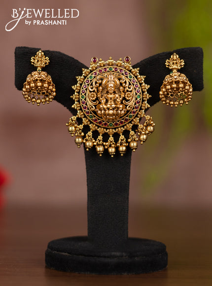 Antique pendant set lakshmi design with kemp stones and golden beads hangings