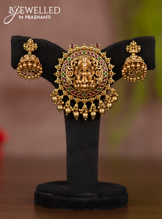 Antique pendant set lakshmi design with kemp stones and golden beads hangings