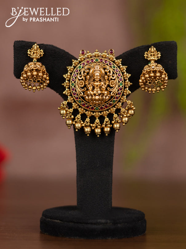 Antique pendant set lakshmi design with kemp stones and golden beads hangings