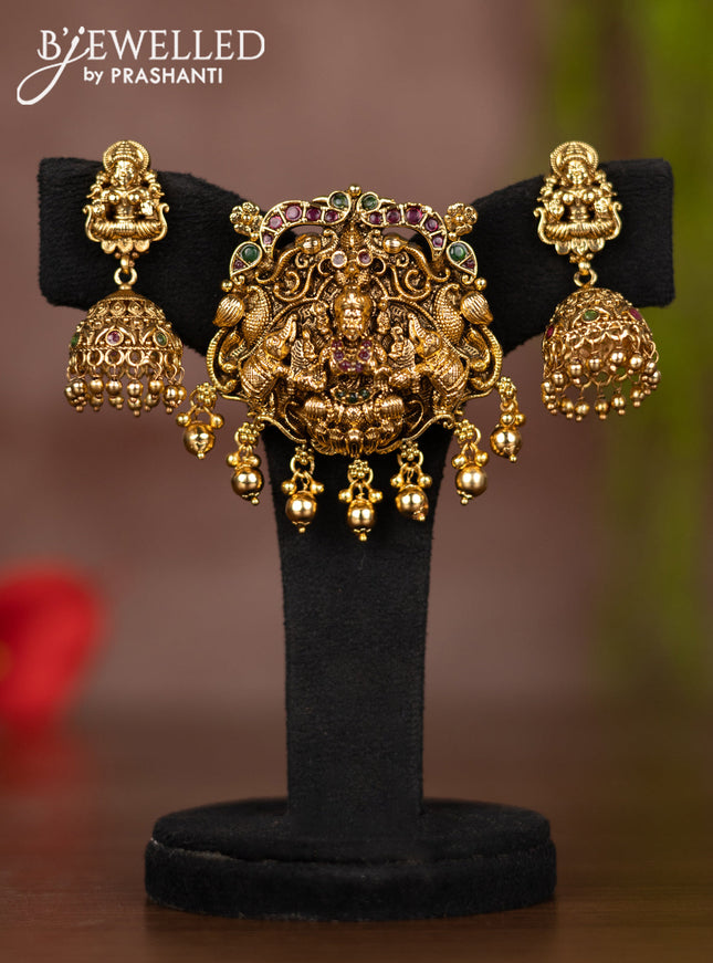 Antique pendant set lakshmi design with kemp stones and golden beads hangings