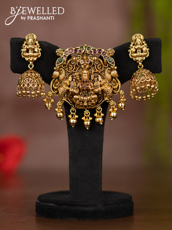 Antique pendant set lakshmi design with kemp stones and golden beads hangings