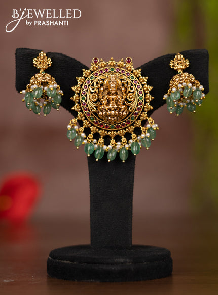 Antique pendant set lakshmi design with kemp stones and mint green beads hangings