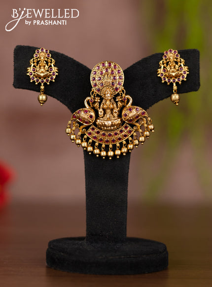 Antique pendant set lakshmi design with ruby stones and golden beads hangings