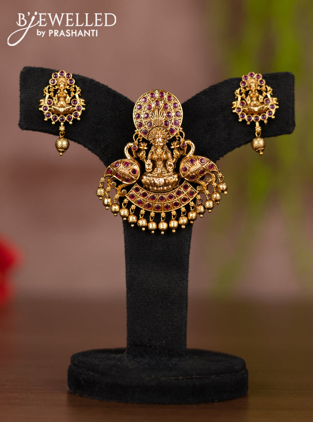 Antique pendant set lakshmi design with ruby stones and golden beads hangings