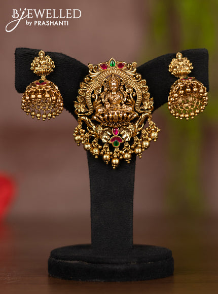 Antique pendant set lakshmi design with kemp jadau stones and golden beads hangings