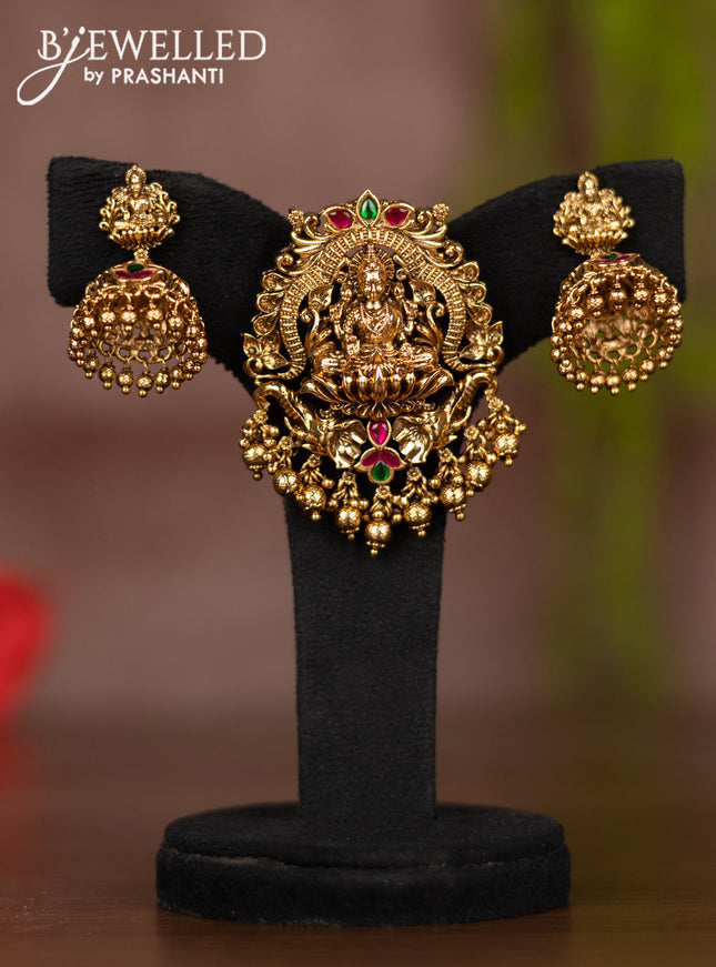 Antique pendant set lakshmi design with kemp jadau stones and golden beads hangings