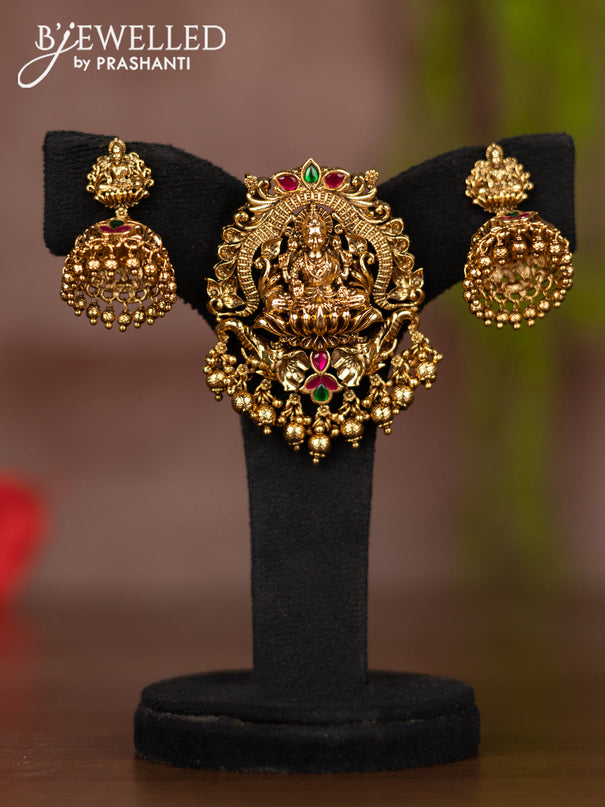 Antique pendant set lakshmi design with kemp jadau stones and golden beads hangings