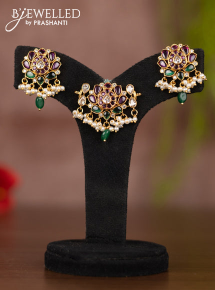 Antique pendant set lotus design with kemp & kundan stones and pearl hangings