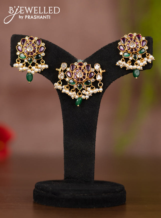 Antique pendant set lotus design with kemp & kundan stones and pearl hangings