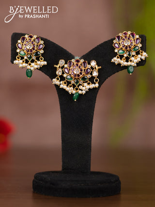 Antique pendant set lotus design with kemp & kundan stones and pearl hangings