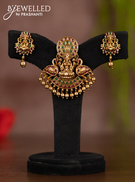 Antique pendant set lakshmi design with kemp stones and golden beads hangings