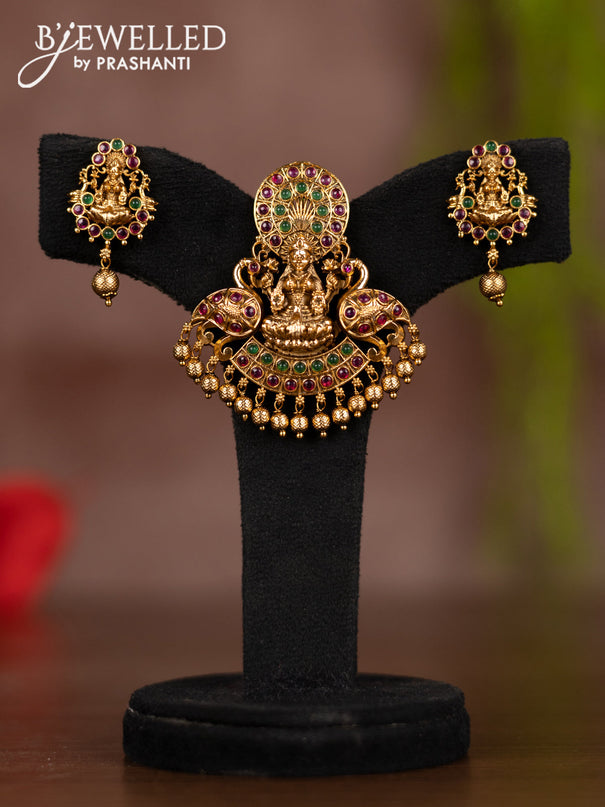Antique pendant set lakshmi design with kemp stones and golden beads hangings