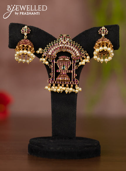 Antique pendant set shivlingam design with kemp & cz stones and pearl hangings