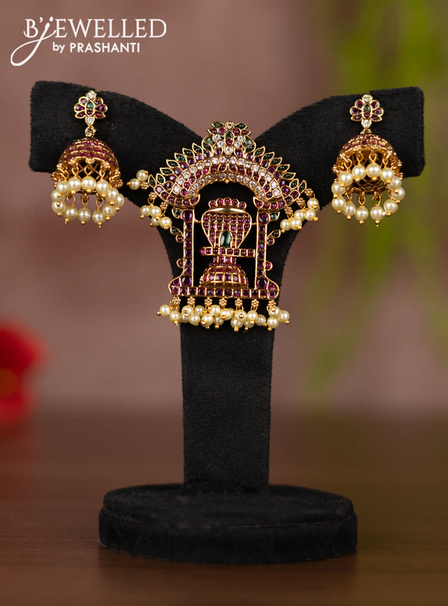 Antique pendant set shivlingam design with kemp & cz stones and pearl hangings