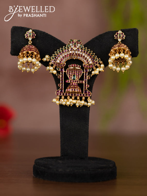 Antique pendant set shivlingam design with kemp & cz stones and pearl hangings