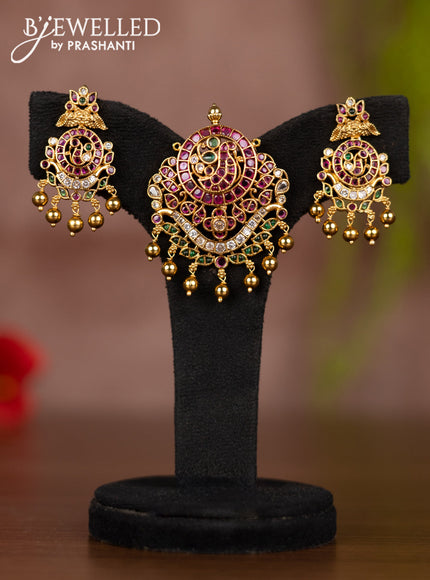 Antique pendant set with kemp & cz stones and golden beads hangings