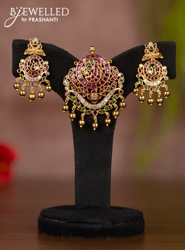 Antique pendant set with kemp & cz stones and golden beads hangings