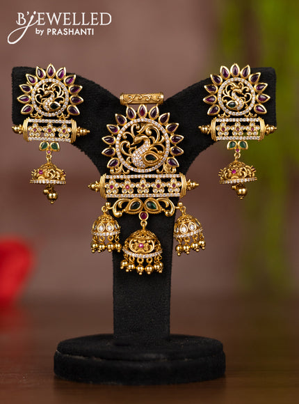 Antique pendant set peacock design with kemp & cz stones and golden beads hangings