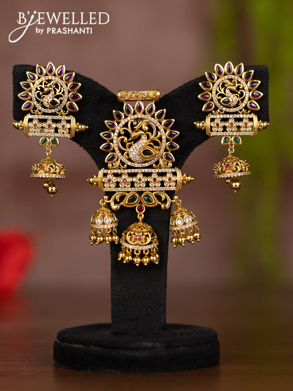Antique pendant set peacock design with kemp & cz stones and golden beads hangings
