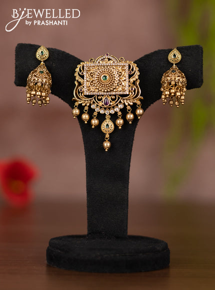 Antique pendant set with kemp & cz stones and golden beads hangings