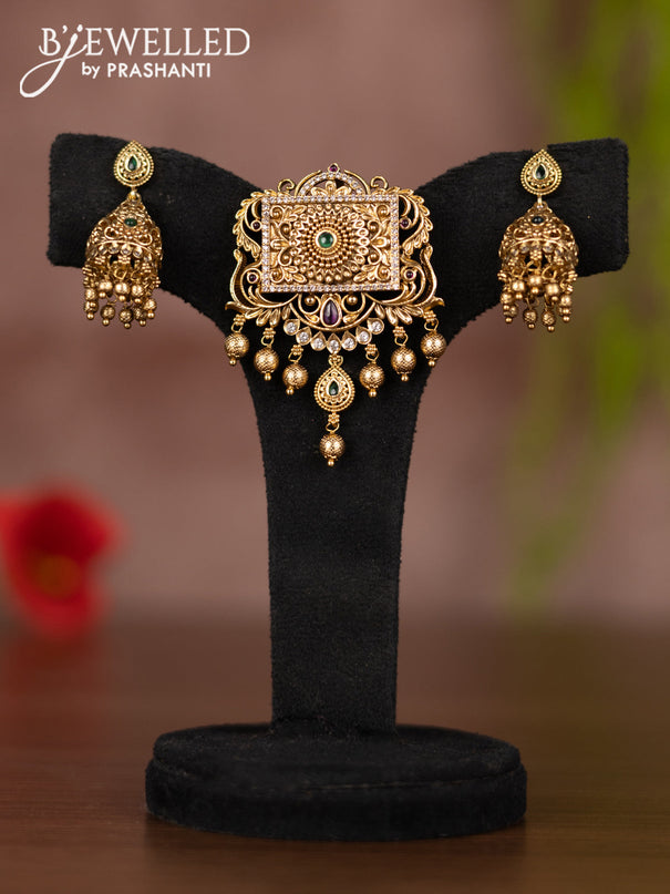 Antique pendant set with kemp & cz stones and golden beads hangings