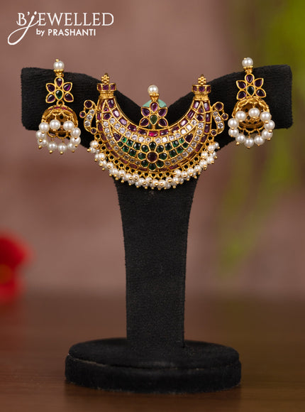 Antique pendant set chanbali design with kemp & cz stones and pearl hangings