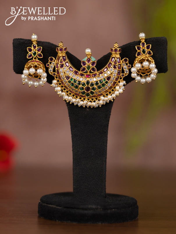 Antique pendant set chanbali design with kemp & cz stones and pearl hangings