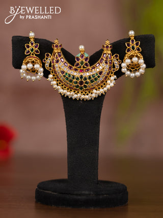 Antique pendant set chanbali design with kemp & cz stones and pearl hangings