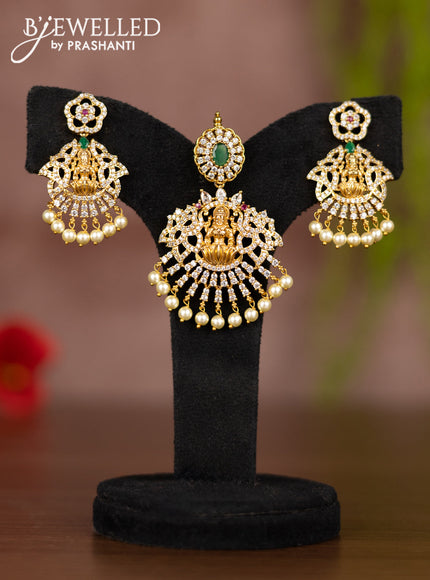 Antique pendant set lakshmi design with kemp & cz stones and pearl hangings