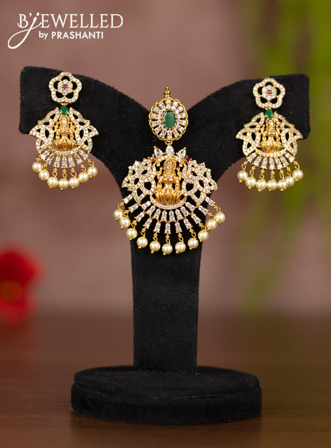 Antique pendant set lakshmi design with kemp & cz stones and pearl hangings