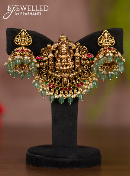 Antique pendant set lakshmi design with kemp stones and mint green beads hangings